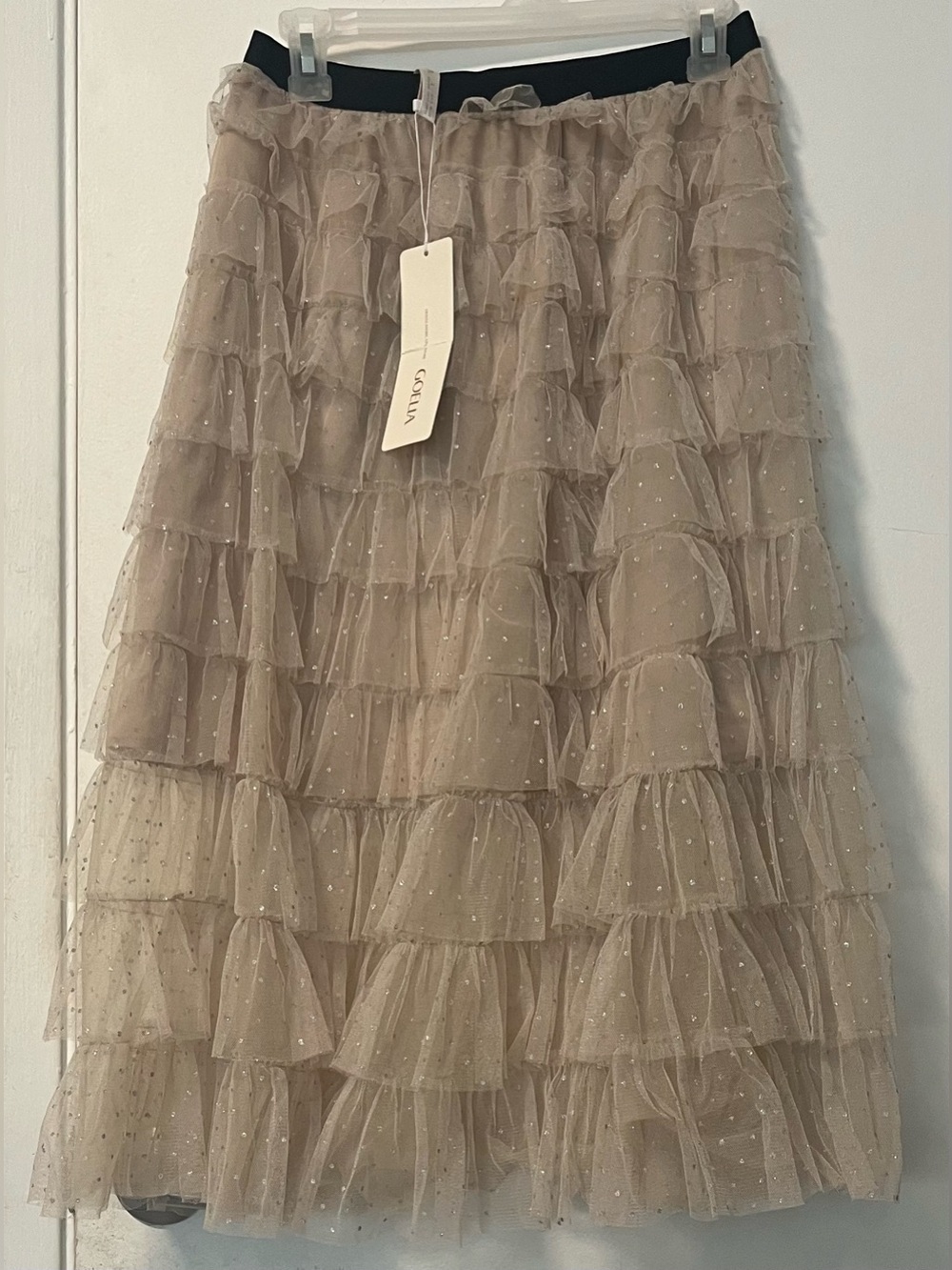 Layered Tiered Midi Skirt in Taupe with Subtle Sparkle